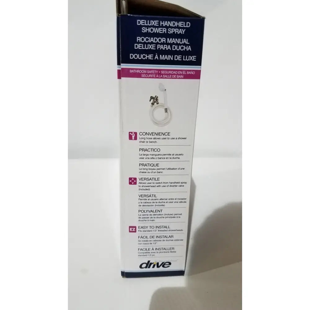 Drive medical deluxe handheld shower spray head in white and navy box with silver nozzle and extra-long adjustable hose