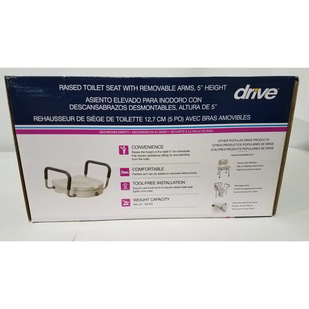 Drive raised toilet seat 5 inch height with white plastic construction and removable black metal arms for safety and comfort