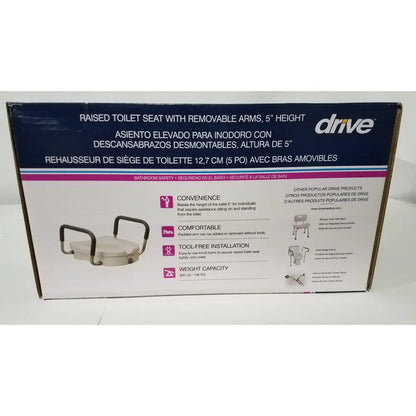 Drive raised toilet seat 5 inch height with white plastic construction and removable black metal arms for safety and comfort