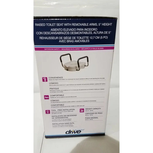 White plastic drive raised toilet seat with 5 inch height and removable arms for enhanced support and comfort