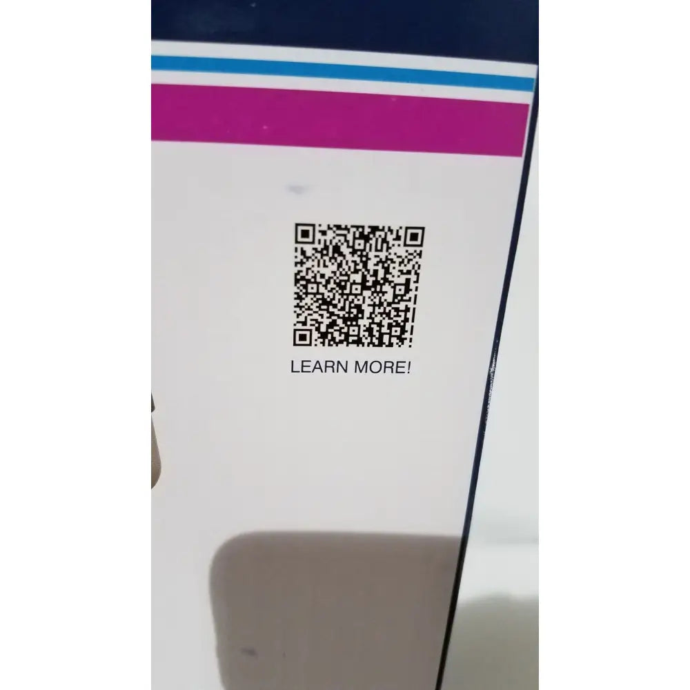 White box with black qr code and learn more text featuring blue and magenta stripes for drive raised toilet seat 5 inch height