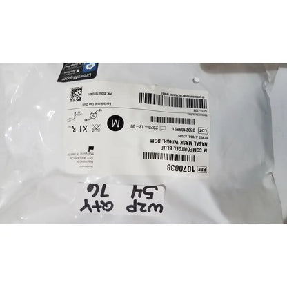 Blue disposable nasal mask in clear plastic package with printed lot number shown with drive rtl12027ra raised toilet seat packaging