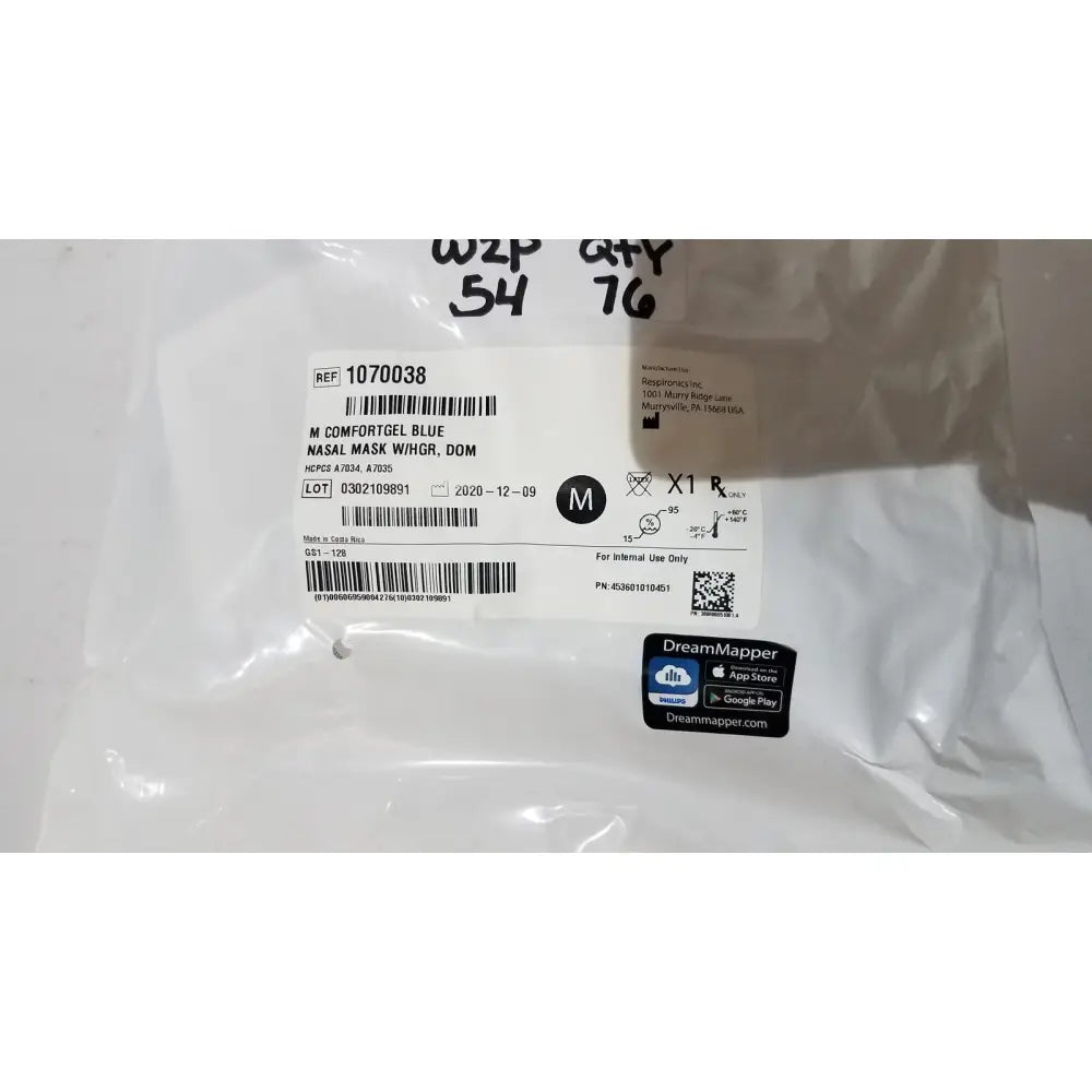 Blue comfortgel nasal mask in clear plastic bag with printed labeling for drive rtl12027ra raised toilet seat use