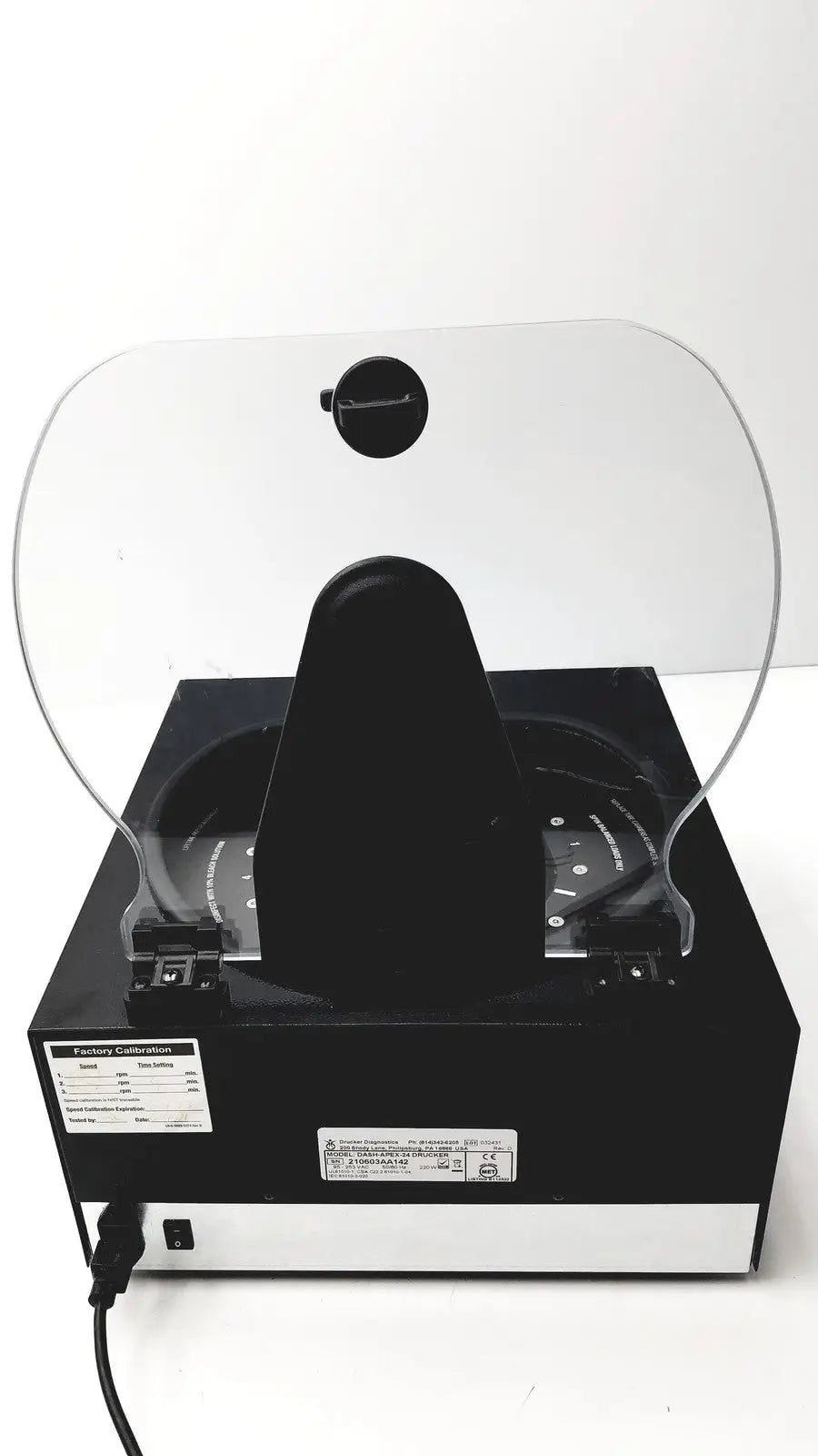 Black drucker diagnostics dash apex 24 centrifuge with transparent protective shield and circular rotor chamber