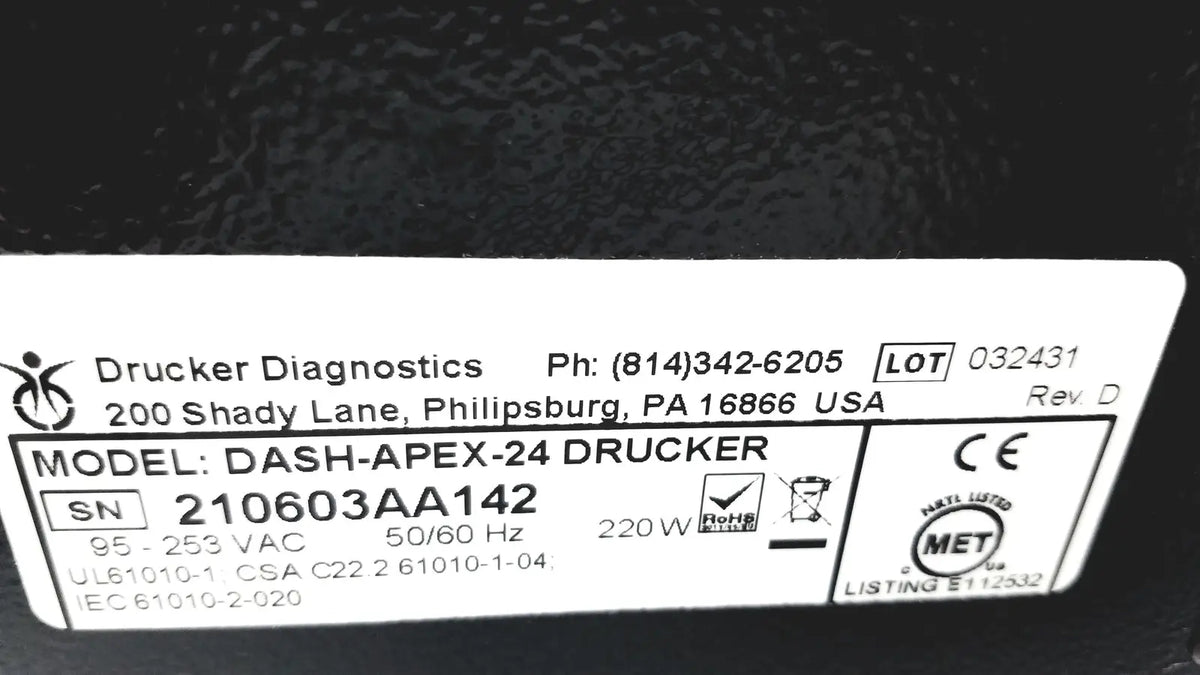 Black drucker diagnostics dash-apex-24 centrifuge medical device with white label showing serial number and regulatory markings