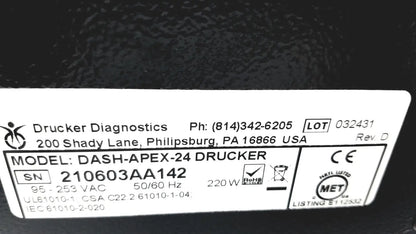Black drucker diagnostics dash-apex-24 centrifuge medical device with white label showing serial number and regulatory markings