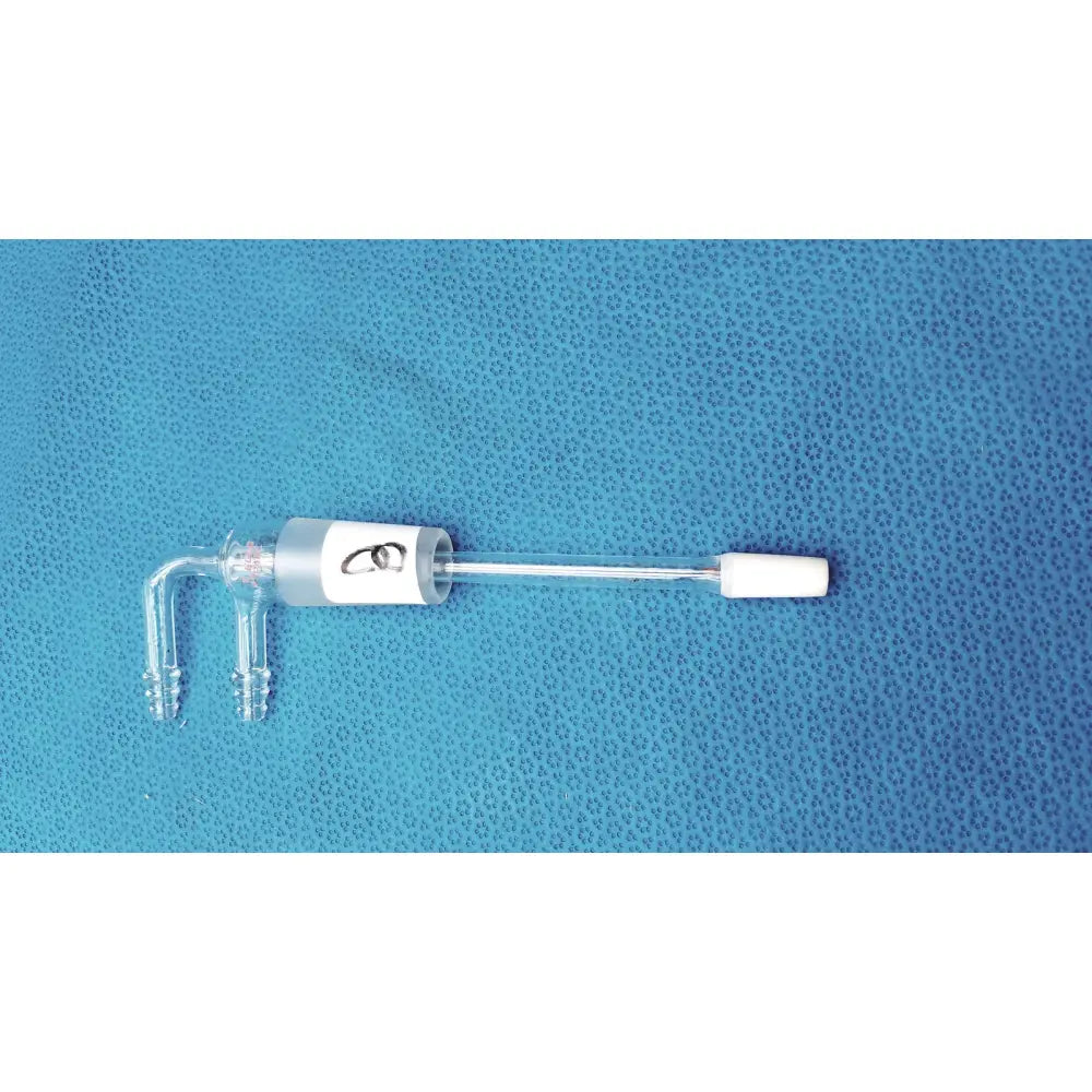 Clear glass dual port gas inlet adapter with white cylindrical section and threaded connections for 15mm od rce cells