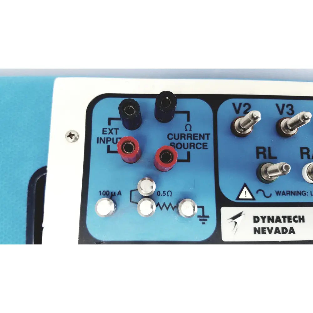 Blue control panel of dynatech nevada medtester 5000 with black red connectors and silver screw terminals for biomedical electrical safety testing