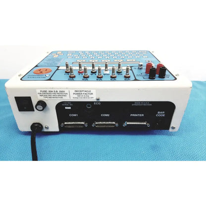 White rectangular dynatech nevada medtester 5000 with blue panel and labeled ports for biomedical electrical safety testing