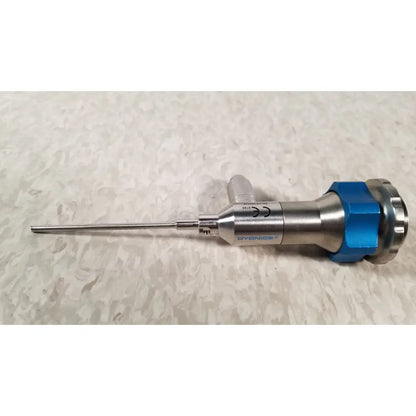 Silver and blue dyonics 30 degree sn hr 268768 surgical instrument with long metallic shaft for reuse medical use
