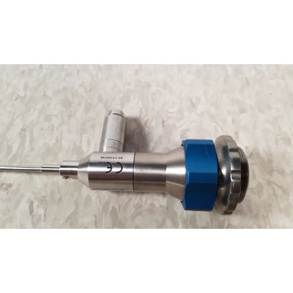 Dyonics 30 degree SN HR 268768 silver and blue metallic reuse medical endoscope with threaded connection and engraved markings