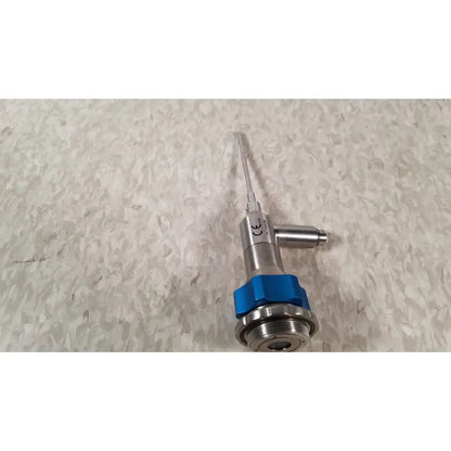 Dyonics 30 degree silver metallic medical probe with blue hexagonal connector and CE marking for reuse medical applications