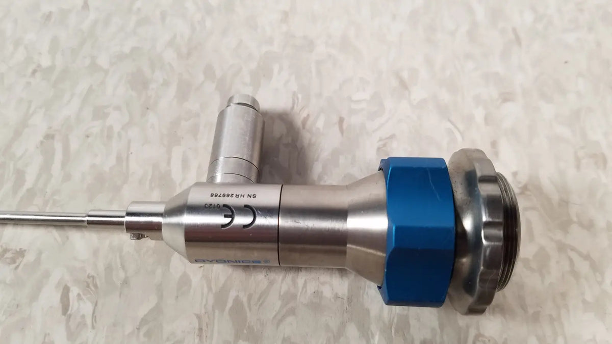 Dyonics 30 degree SN HR 268768 silver and blue metallic reuse medical endoscope with threaded connection and engraved markings