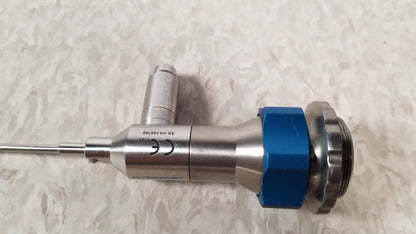Dyonics 30 degree SN HR 268768 silver and blue metallic reuse medical endoscope with threaded connection and engraved markings