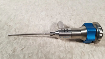 Silver and blue dyonics 30 degree sn hr 268768 surgical instrument with long metallic shaft for reuse medical use