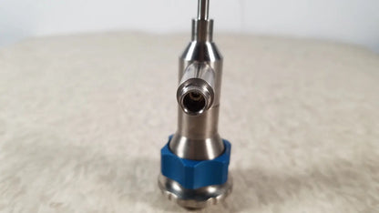 Silver Dyonics 30 degree SN HR 268768 surgical instrument with blue hexagonal base designed for reuse medical applications