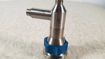 Dyonics 30 degree SN HR 268768 sleek metallic industrial inspection camera lens with blue hexagonal base made in Germany for reuse medical purposes
