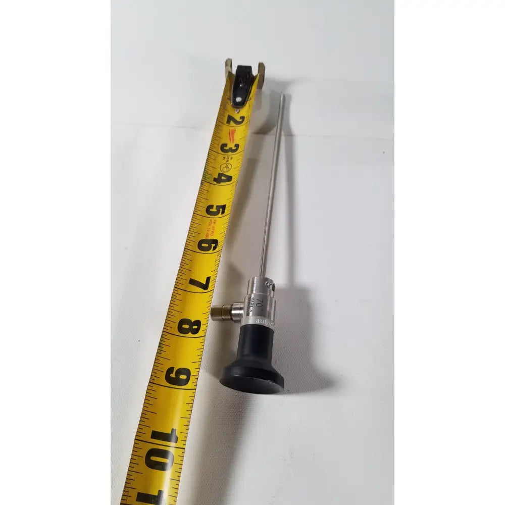 Silver surgical dyonics autoclavable 4mm 70 degree arthroscope with black ergonomic handle and slender metallic shaft