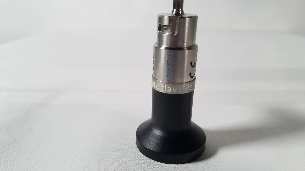 Black and silver dyonics autoclavable 4mm 70 degree arthroscope with engraved branding and autoclavable metallic body