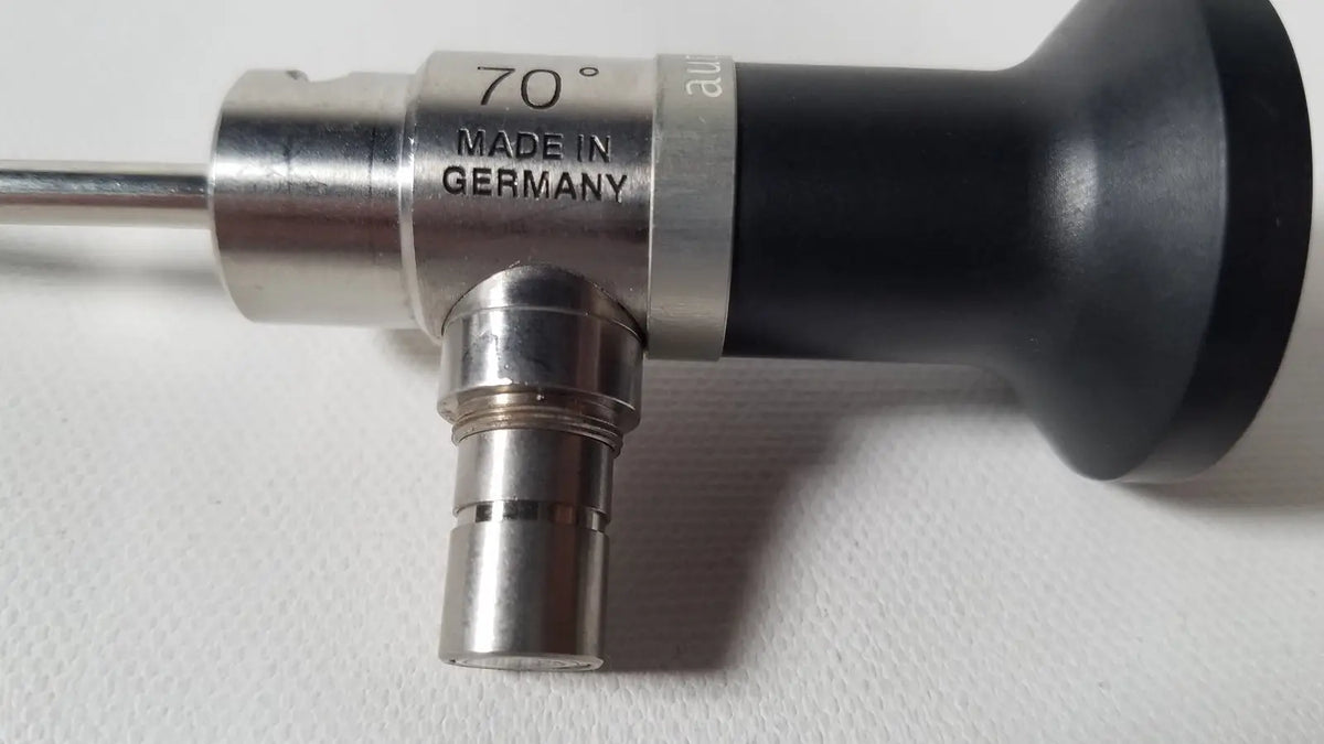 Silver metallic dyonics autoclavable 4mm 70 degree arthroscope with black grip and engraved made in germany markings