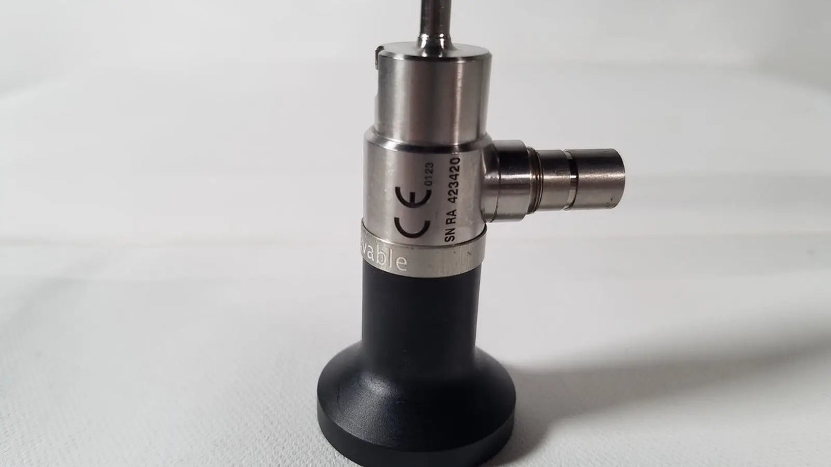 Silver and black dyonics autoclavable 4mm 70 degree arthroscope with cylindrical metallic body and textured grip section