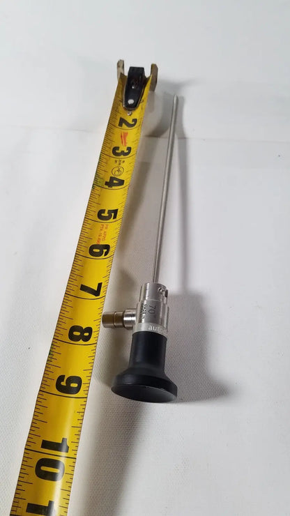 Silver surgical dyonics autoclavable 4mm 70 degree arthroscope with black ergonomic handle and slender metallic shaft