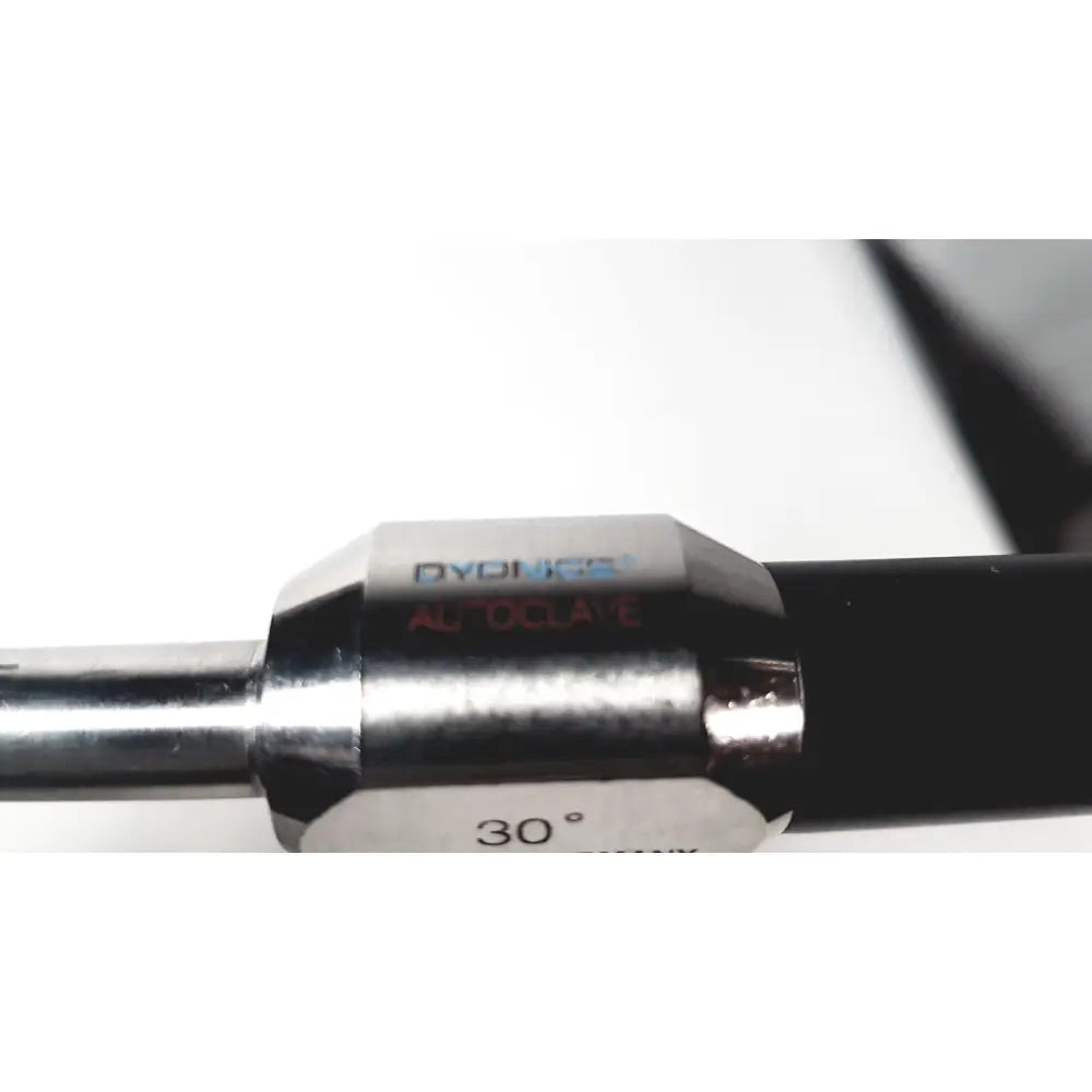 Silver metallic alloy angle gauge with dyonics autoclave ref branding and 30 degree marking for dyonics autoclave use