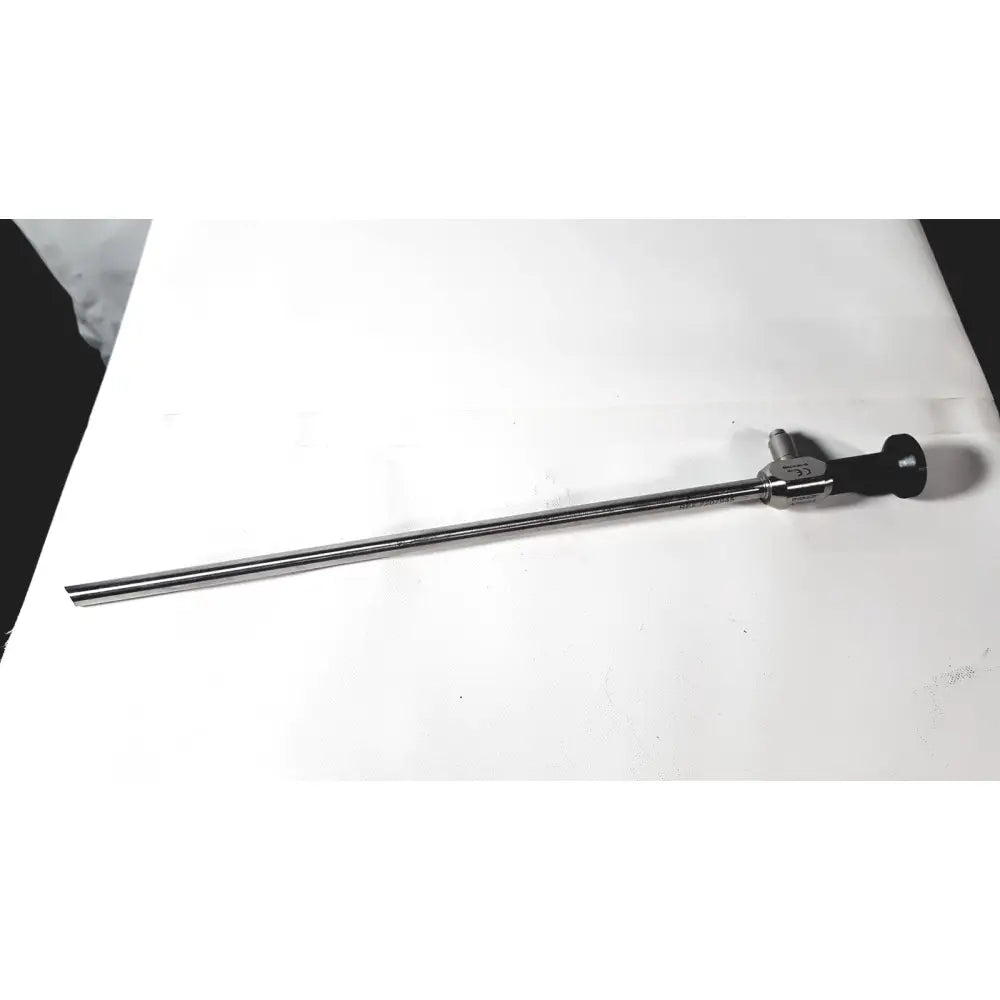 A sleek metallic 30° laparoscope with black ergonomic handle and mechanical joints for dyonics autoclave ref reuse medical