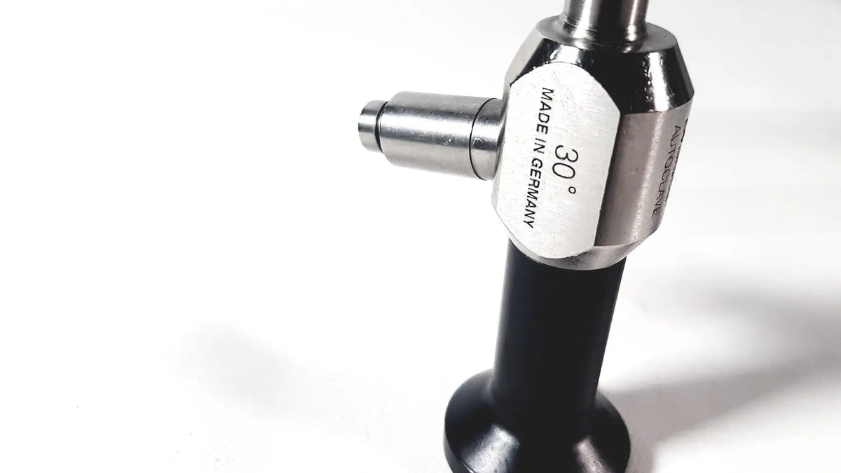 Silver and black dyonics autoclave ref 7207945 laparoscope with 30 degree angled tip made in germany for reuse medical use