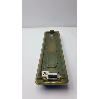 Greenish metallic dyonics video sterilization soaking tray case with perforated surface and silver-toned clasp mechanism