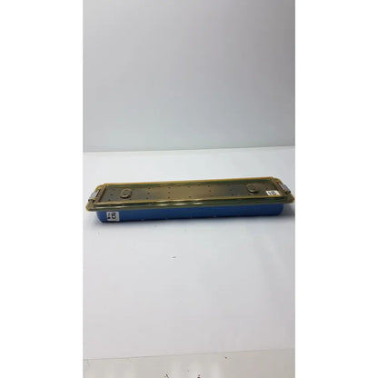 Blue dyonics video sterilization soaking tray with gold metal lid featuring holes and two latches soaking tray case