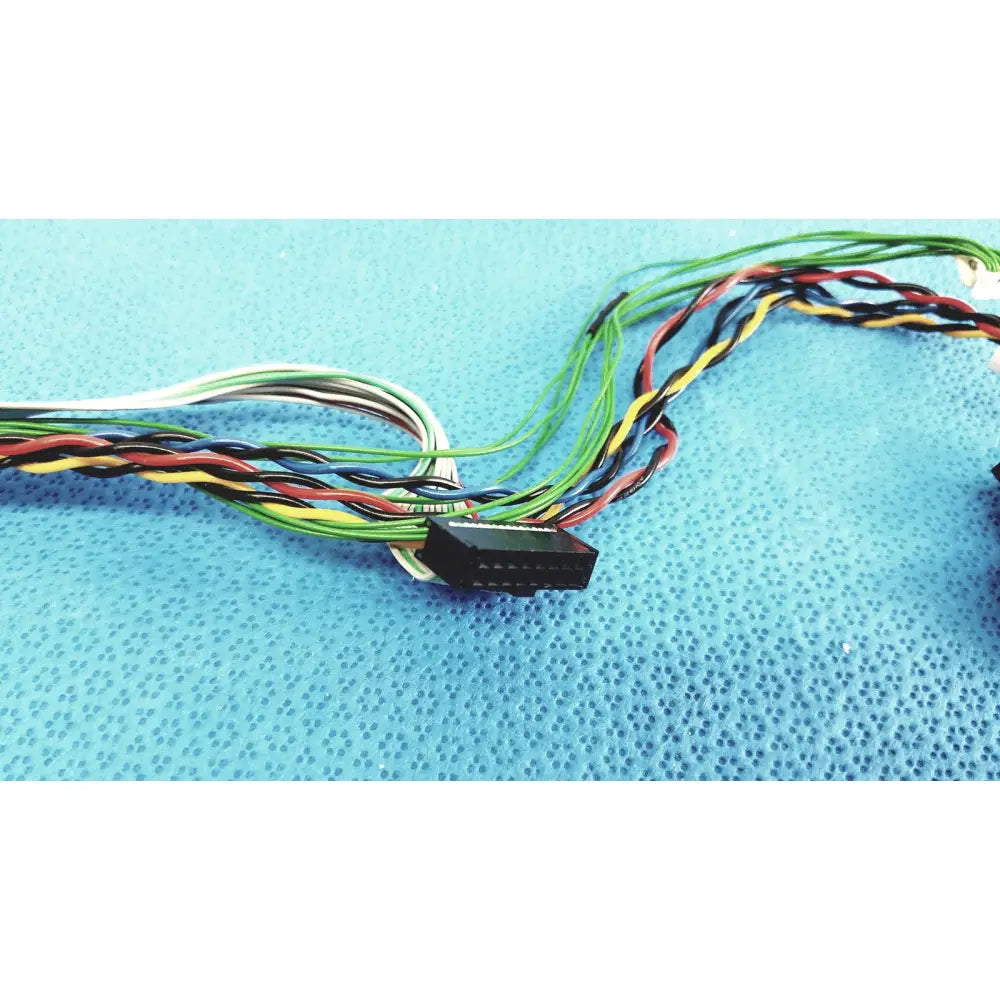 A black e43843 300v female multi-pin connector attached to colorful twisted wires in connectors wire harness cables