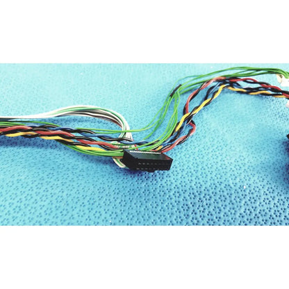 A black e43843 300v female multi-pin connector attached to colorful twisted wires in connectors wire harness cables
