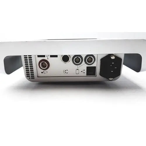 Back side of silver metallic earlysence 2.0 control unit part no ame-00900 with multiple ports and black power input socket for reuse medical use