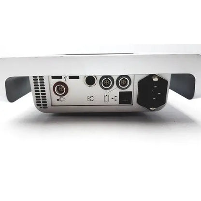Back side of silver metallic earlysence 2.0 control unit part no ame-00900 with multiple ports and black power input socket for reuse medical use
