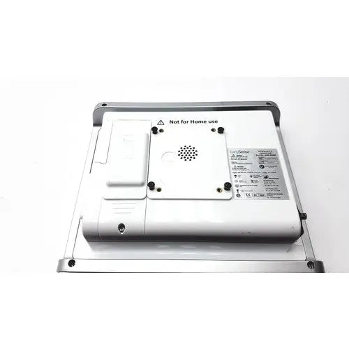 White rectangular EarlySense 2.0 control unit back side with speaker grille and warning label for reuse medical use