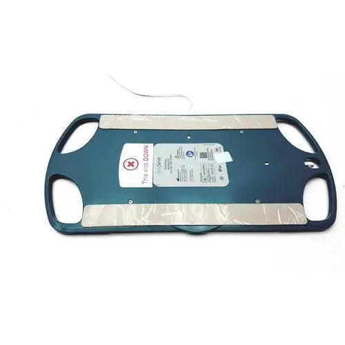 Dark teal plastic patient transport stretcher with molded handles and silver tape for reuse medical earlysense ame-00200 sensor