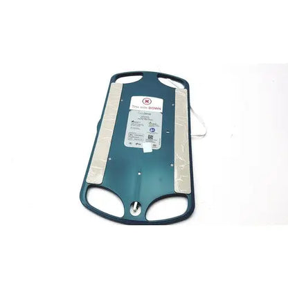 Teal-colored medical transport stretcher with silver metallic strips and white label for earlysense ame-00200 sensor reuse medical use