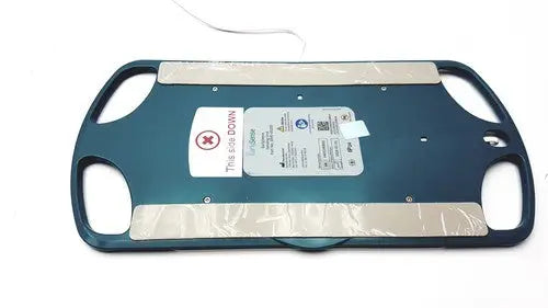 Dark teal plastic patient transport stretcher with molded handles and silver tape for reuse medical earlysense ame-00200 sensor