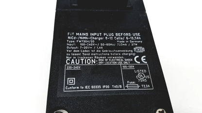 Black rectangular eds adaptor charger with white printed specifications and safety labels for reuse medical devices