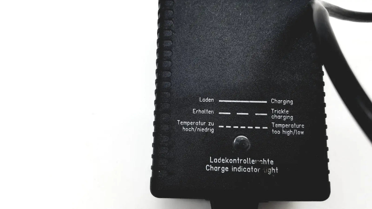 Black plastic eds adaptor charger with textured surface and bilingual charge indicator labels for electric vehicles