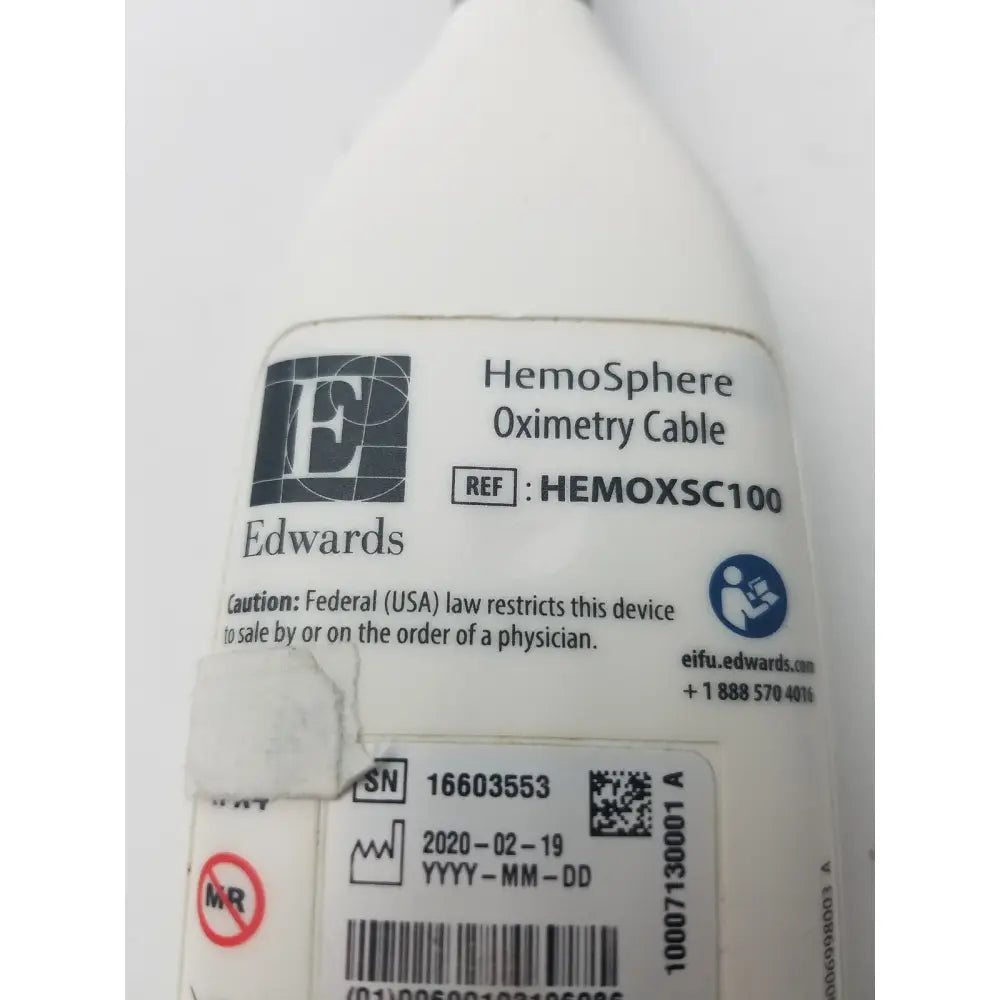White plastic edwards hemosphere oximetry cable labeled hemosphere oximetry cable by edwards model HEMOXSC100