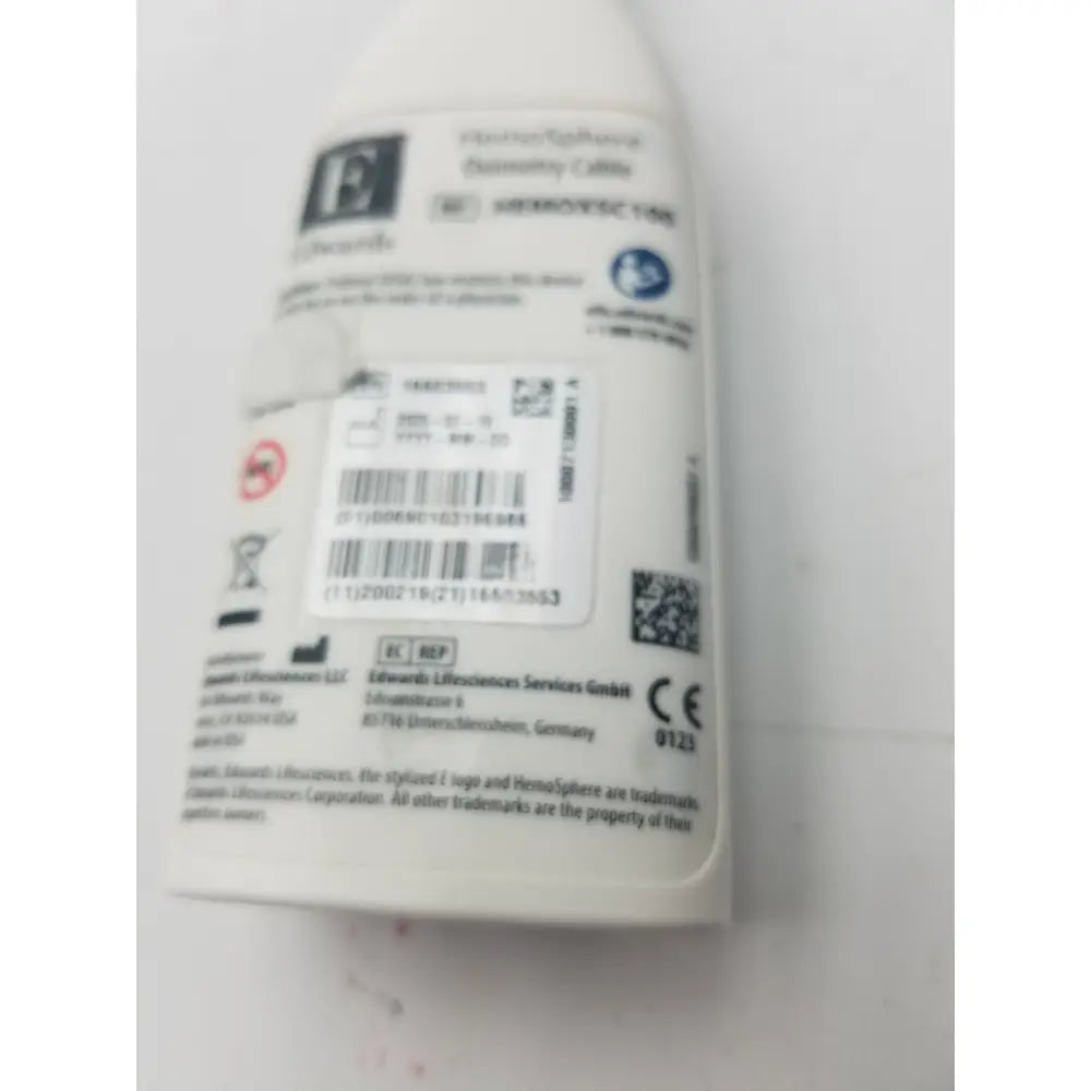 White plastic edwards hemosphere oximetry cable with black text barcodes and ce mark from edwards lifesiences gmbh