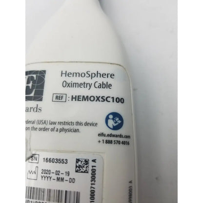 White edwards hemosphere oximetry cable model hemoxsc100 designed for accurate patient oxygen monitoring