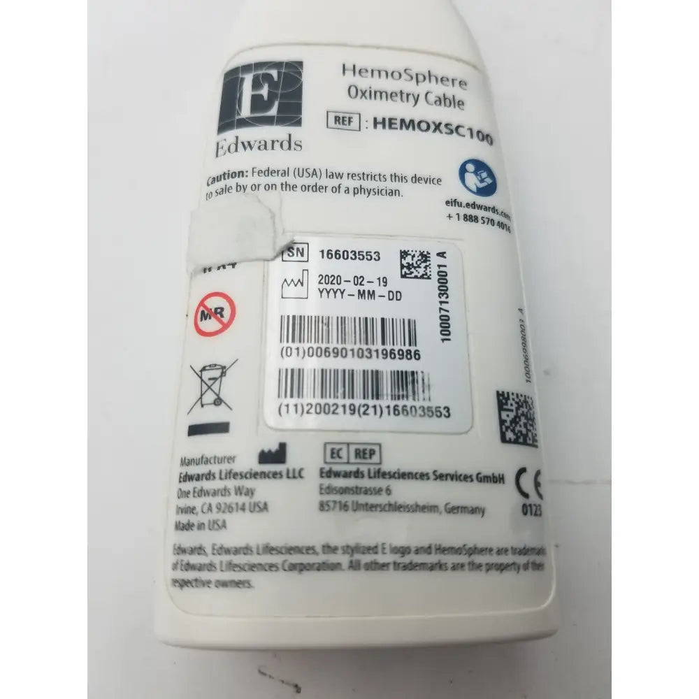 White plastic medical edwards hemosphere oximetry cable labeled hemosphere oximetry cable by edwards hemoxsc100