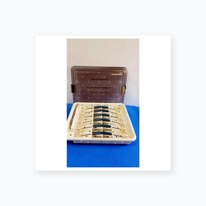 A white plastic tray with blue-tipped edwards lifesciences 1111 perimount magnas ease aortic valve sizer set pre owned medical equipment for sale