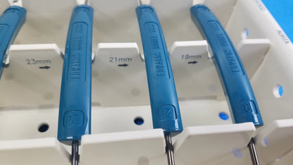 Blue plastic-handled dental impression forceps with engraved brand and size markings for buy used medical equipment