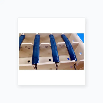 Blue plastic-handled dental impression forceps with engraved brand and size markings for buy used medical equipment