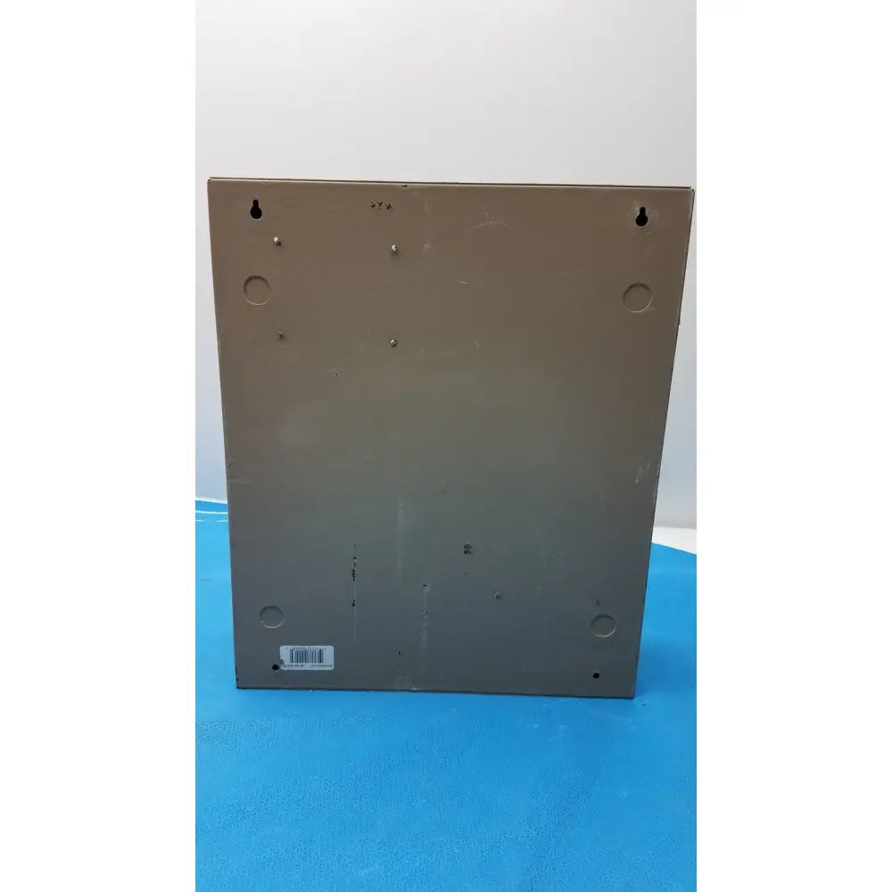 Metallic gray rectangular wall-mounted electrical control panel with four circular holes and time delay relay features