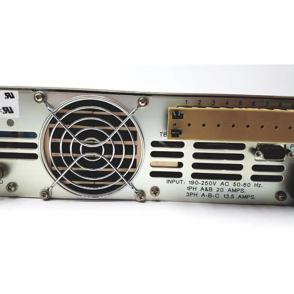 Silver metal ems power supply unit with circular fan grille and labeled input specifications for electronic measurements ems